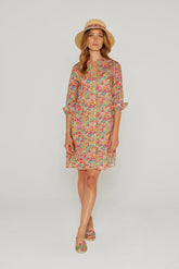 LAURALY – Liberty Dress with Mandarin Collar and 3/4 Sleeves – Straight Cut – Women – Margaret Annie 037B